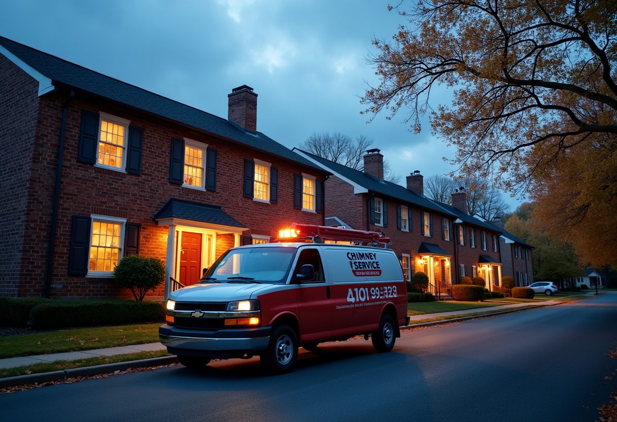Chimney service van outside brick townhouses at dusk — Hyattsville